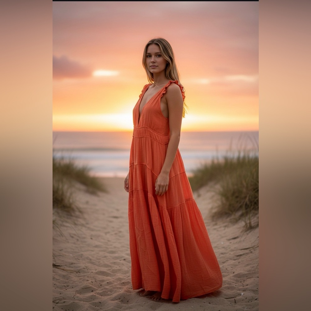 Anthropologie, new with tags, cotton Vibrant Orange Maxi Dress sz large